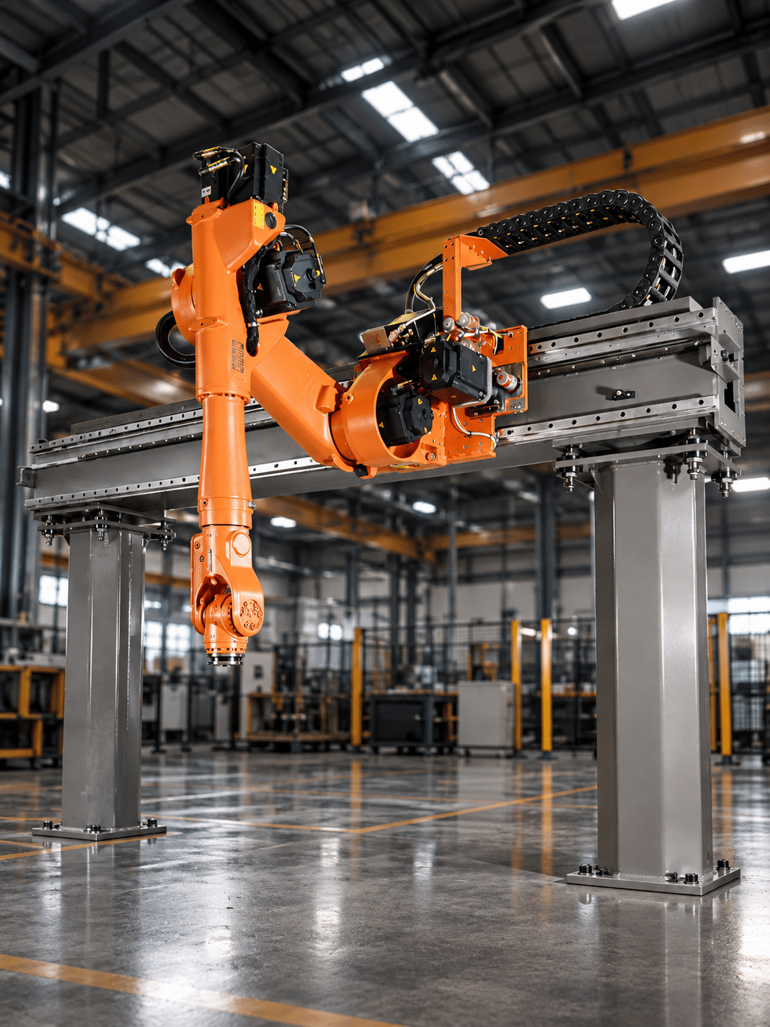 Orange Robot Arm on Steel Gantry