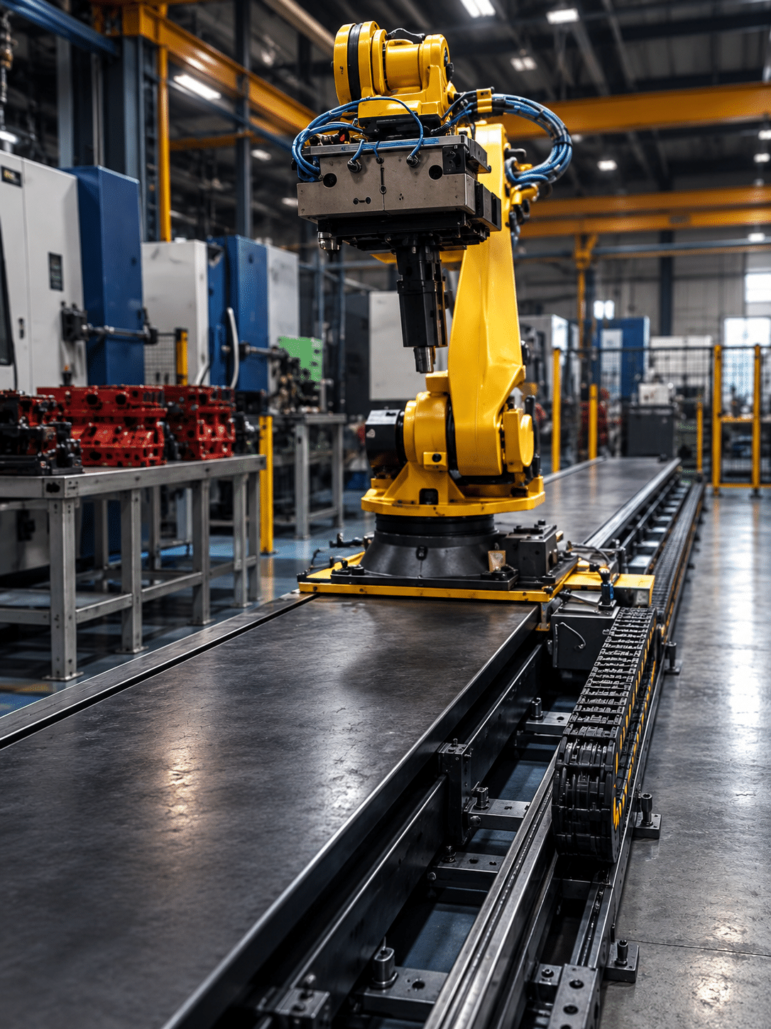 Yellow Industrial Robot on Linear Track